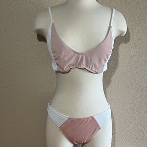 Pretty Little Thing Bikini 10 White Blush Pink Color Block Ribbed Minimalist